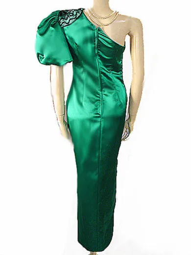 *VINTAGE MISS BERGDORF FROM BERGDORF GOODMAN EMERALD SATIN ONE-SHOULDER GODDESS EVENING GOWN WITH ART DECO DESIGN