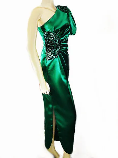 *VINTAGE MISS BERGDORF FROM BERGDORF GOODMAN EMERALD SATIN ONE-SHOULDER GODDESS EVENING GOWN WITH ART DECO DESIGN