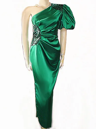 *VINTAGE MISS BERGDORF FROM BERGDORF GOODMAN EMERALD SATIN ONE-SHOULDER GODDESS EVENING GOWN WITH ART DECO DESIGN