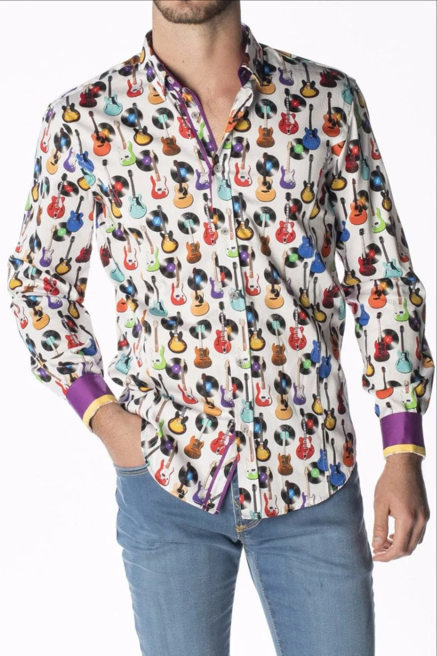 White Guitars And Records Button Down Print Shirt