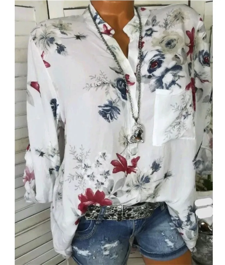 Women’s Floral Print Stand Collar Blouse – Elegant Plus Size Design
