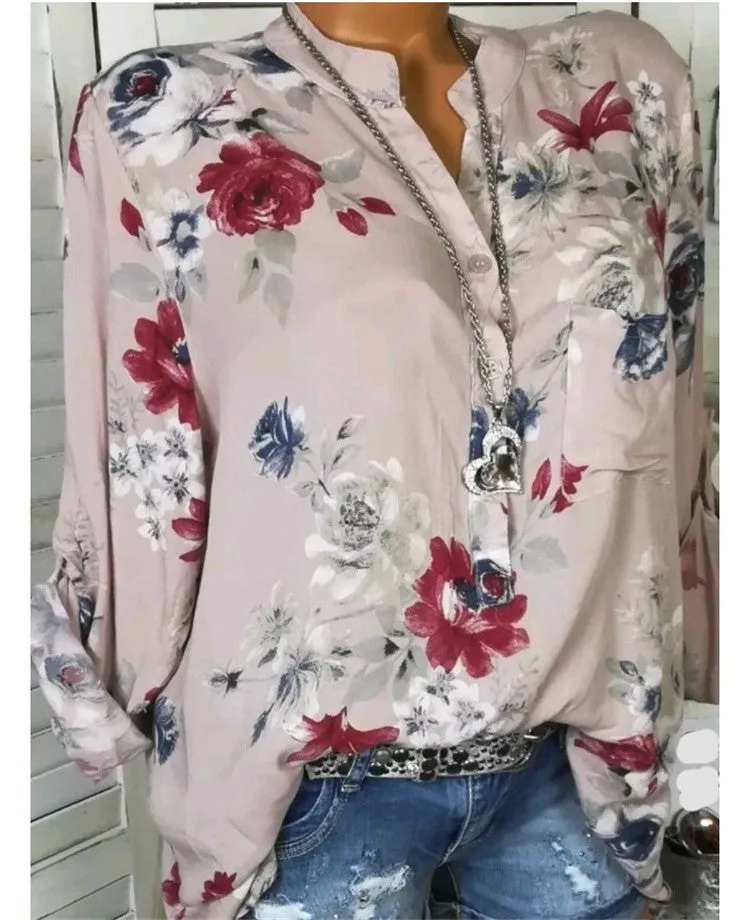 Women’s Floral Print Stand Collar Blouse – Elegant Plus Size Design