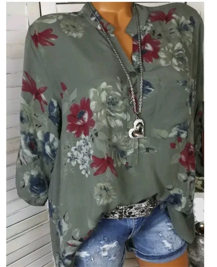 Women’s Floral Print Stand Collar Blouse – Elegant Plus Size Design