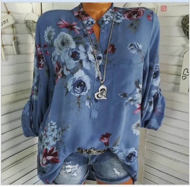 Women’s Floral Print Stand Collar Blouse – Elegant Plus Size Design