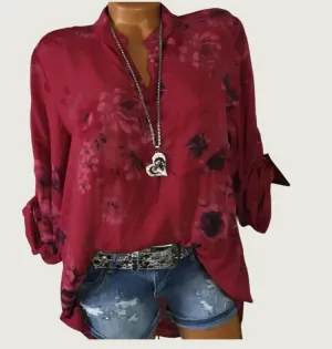 Women’s Floral Print Stand Collar Blouse – Elegant Plus Size Design