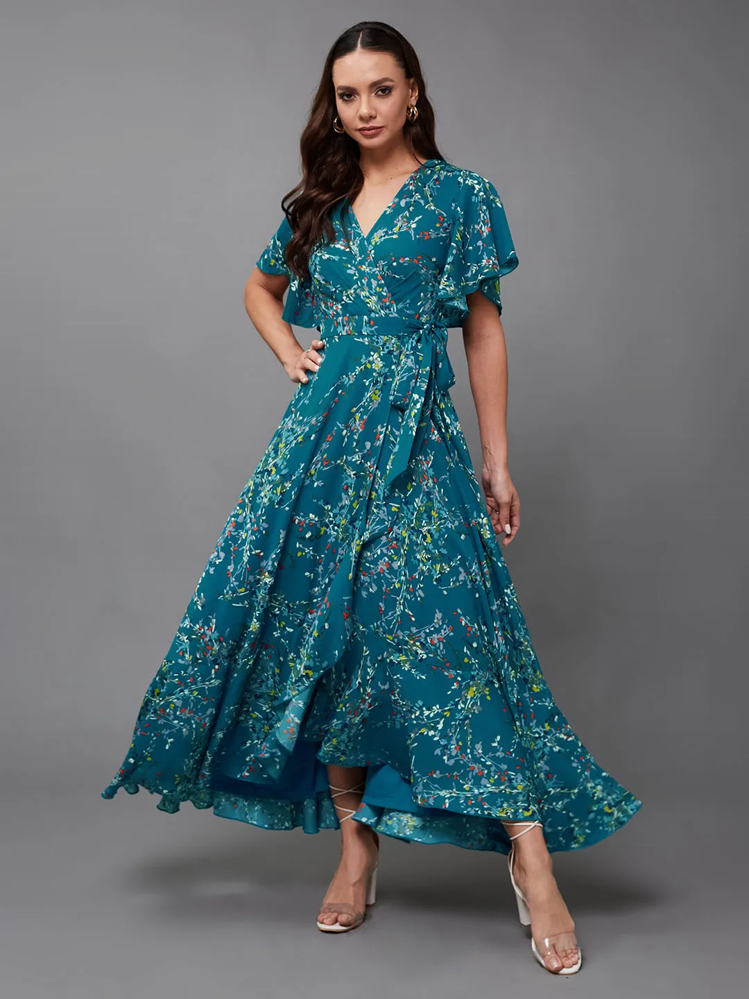 Women's Multicolored-Base-Turquoise V-Neck Half Sleeve Floral Wrap Crepe Maxi Dress