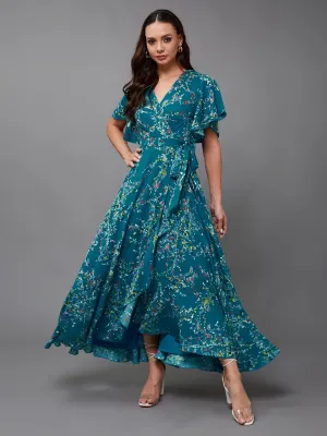 Women's Multicolored-Base-Turquoise V-Neck Half Sleeve Floral Wrap Crepe Maxi Dress