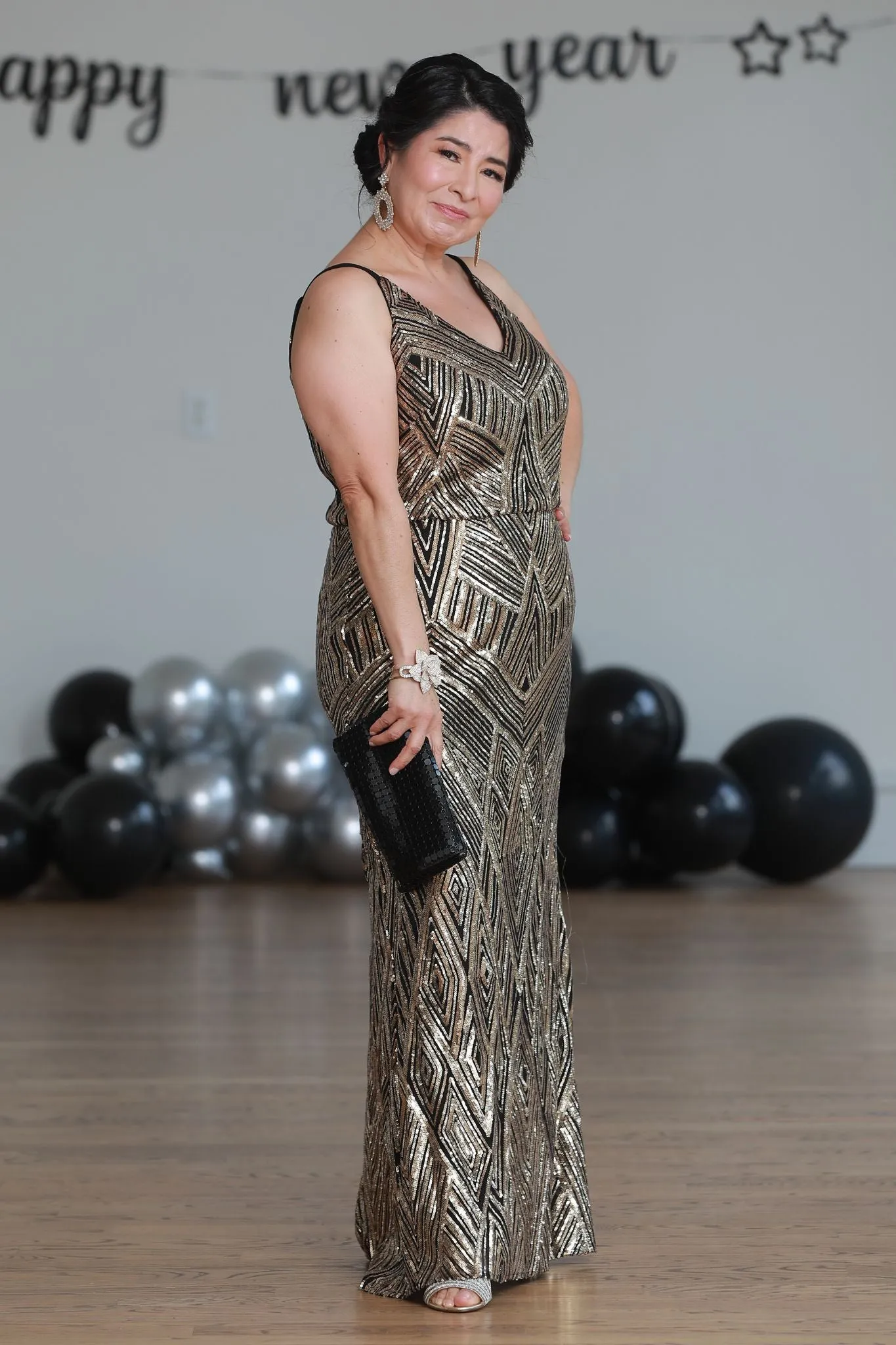 Women's Petite Gold Sleeveless Sequin Evening Gown