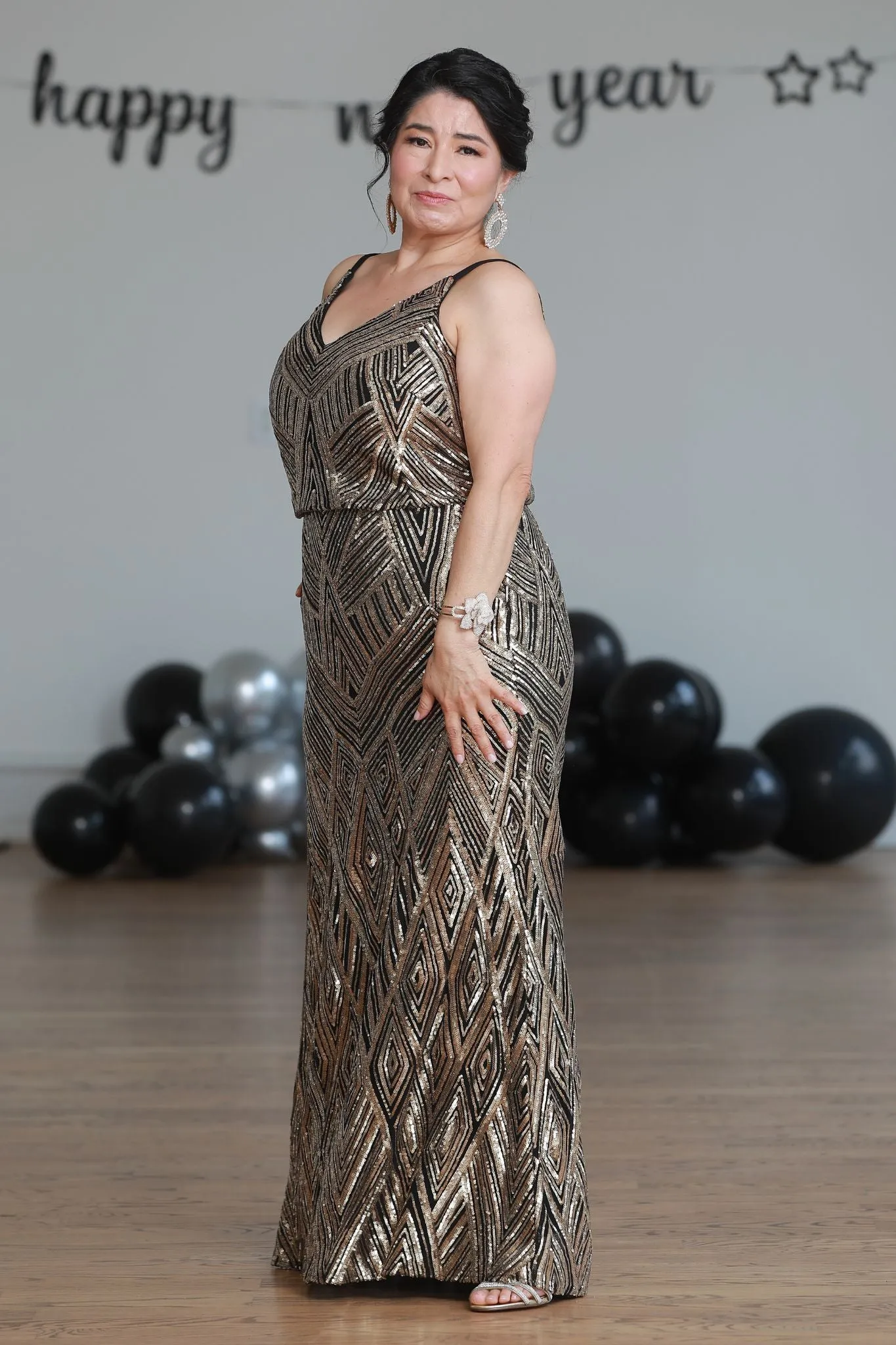 Women's Petite Gold Sleeveless Sequin Evening Gown