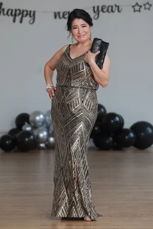 Women's Petite Gold Sleeveless Sequin Evening Gown